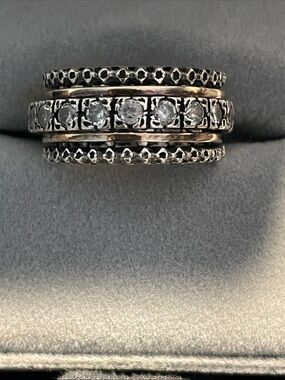 Sterling Silver CZ spinner Band Ring in Silver and 14k gold 2 thin bands